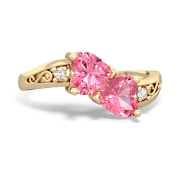 Lab Pink Sapphire Snuggling Hearts 14K Yellow Gold ring R2178
