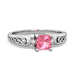 Lab Pink Sapphire Filligree Scroll Square 14K White Gold ring R2430