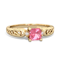 Lab Pink Sapphire Filligree Scroll Square 14K Yellow Gold ring R2430