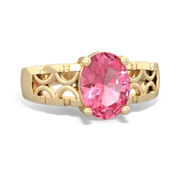 Lab Pink Sapphire Art Deco Filigree 14K Yellow Gold ring R2322