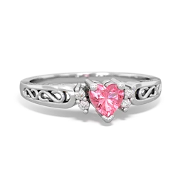 Lab Pink Sapphire Filligree Scroll Heart 14K White Gold ring R2429