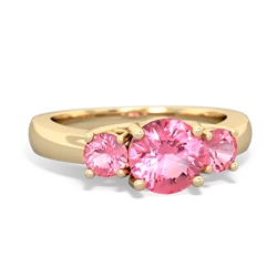 Lab Pink Sapphire Three Stone Round Trellis 14K Yellow Gold ring R4018