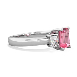 Lab Pink Sapphire Diamond Three Stone Emerald-Cut Trellis 14K White Gold ring R4021