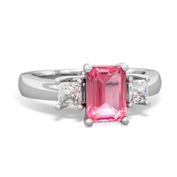 Lab Pink Sapphire Diamond Three Stone Emerald-Cut Trellis 14K White Gold ring R4021