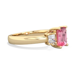 Lab Pink Sapphire Diamond Three Stone Emerald-Cut Trellis 14K Yellow Gold ring R4021