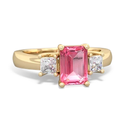 Lab Pink Sapphire Diamond Three Stone Emerald-Cut Trellis 14K Yellow Gold ring R4021