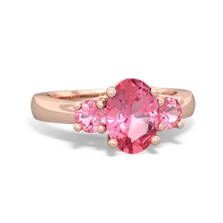 Lab Pink Sapphire Three Stone Oval Trellis 14K Rose Gold ring R4024