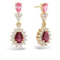 Lab Pink Sapphire Halo Pear Dangle 14K Yellow Gold earrings E1882