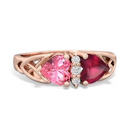 Lab Pink Sapphire Celtic Knot Double Heart 14K Rose Gold ring R5040