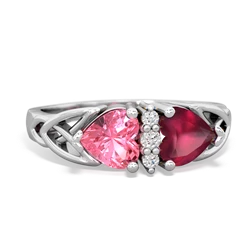 Lab Pink Sapphire Celtic Knot Double Heart 14K White Gold ring R5040