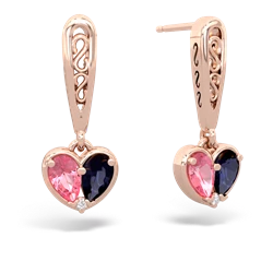 Lab Pink Sapphire Filligree Heart 14K Rose Gold earrings E5070