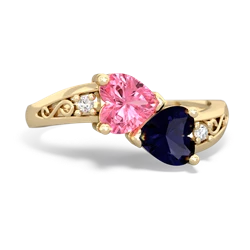 Lab Pink Sapphire Snuggling Hearts 14K Yellow Gold ring R2178