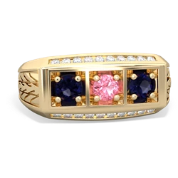 Lab Pink Sapphire Three Stone Tire Tread Men's 14K Yellow Gold ring R0520