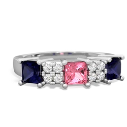 Lab Pink Sapphire Three Stone Diamond Cluster 14K White Gold ring R2592