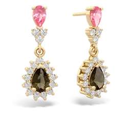 Lab Pink Sapphire Halo Pear Dangle 14K Yellow Gold earrings E1882