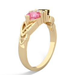 Lab Pink Sapphire Celtic Knot Double Heart 14K Yellow Gold ring R5040