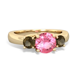 Lab Pink Sapphire Three Stone Round Trellis 14K Yellow Gold ring R4018