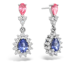 Lab Pink Sapphire Halo Pear Dangle 14K White Gold earrings E1882