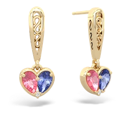 Lab Pink Sapphire Filligree Heart 14K Yellow Gold earrings E5070