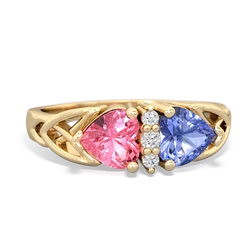 Lab Pink Sapphire Celtic Knot Double Heart 14K Yellow Gold ring R5040