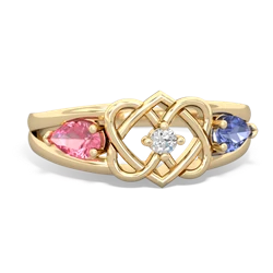 Lab Pink Sapphire Hearts Intertwined 14K Yellow Gold ring R5880