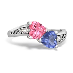 Lab Pink Sapphire Snuggling Hearts 14K White Gold ring R2178