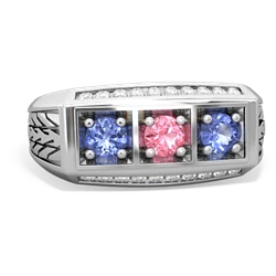 Lab Pink Sapphire Three Stone Tire Tread Men's 14K White Gold ring R0520