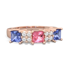 Lab Pink Sapphire Three Stone Diamond Cluster 14K Rose Gold ring R2592