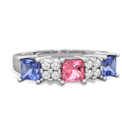 Lab Pink Sapphire Three Stone Diamond Cluster 14K White Gold ring R2592