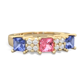 Lab Pink Sapphire Three Stone Diamond Cluster 14K Yellow Gold ring R2592