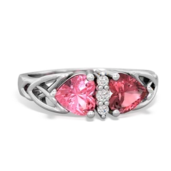 Lab Pink Sapphire Celtic Knot Double Heart 14K White Gold ring R5040