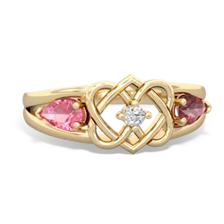 Lab Pink Sapphire Hearts Intertwined 14K Yellow Gold ring R5880