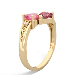 Lab Pink Sapphire Snuggling Hearts 14K Yellow Gold ring R2178