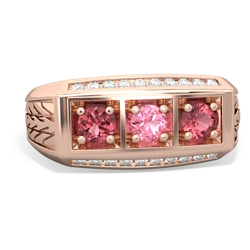 Lab Pink Sapphire Three Stone Tire Tread Men's 14K Rose Gold ring R0520