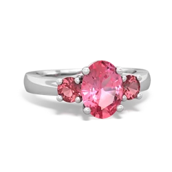 Lab Pink Sapphire Three Stone Oval Trellis 14K White Gold ring R4024