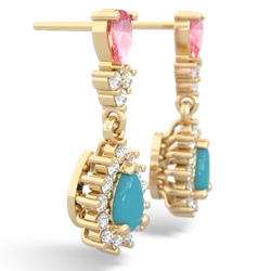 Lab Pink Sapphire Halo Pear Dangle 14K Yellow Gold earrings E1882