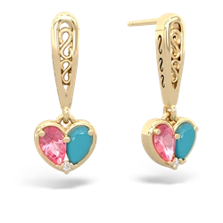 Lab Pink Sapphire Filligree Heart 14K Yellow Gold earrings E5070