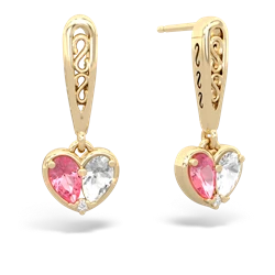 Lab Pink Sapphire Filligree Heart 14K Yellow Gold earrings E5070