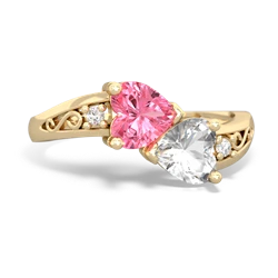 Lab Pink Sapphire Snuggling Hearts 14K Yellow Gold ring R2178