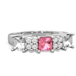 Lab Pink Sapphire Three Stone Diamond Cluster 14K White Gold ring R2592