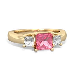 Lab Pink Sapphire Three Stone Trellis 14K Yellow Gold ring R4015