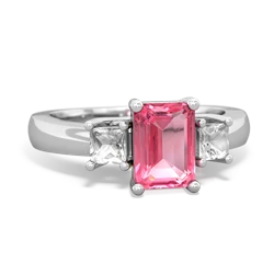 Lab Pink Sapphire Three Stone Emerald-Cut Trellis 14K White Gold ring R4021