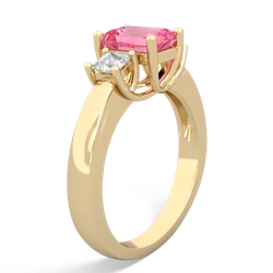 Lab Pink Sapphire Three Stone Emerald-Cut Trellis 14K Yellow Gold ring R4021