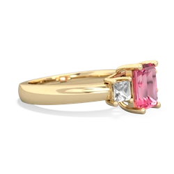 Lab Pink Sapphire Three Stone Emerald-Cut Trellis 14K Yellow Gold ring R4021