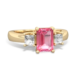 Lab Pink Sapphire Three Stone Emerald-Cut Trellis 14K Yellow Gold ring R4021