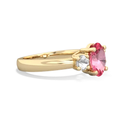 Lab Pink Sapphire Three Stone Oval Trellis 14K Yellow Gold ring R4024