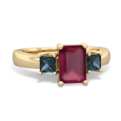 Ruby Three Stone Emerald-Cut Trellis 14K Yellow Gold ring R4021