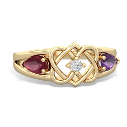 Ruby Hearts Intertwined 14K Yellow Gold ring R5880