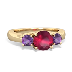 Ruby Three Stone Round Trellis 14K Yellow Gold ring R4018