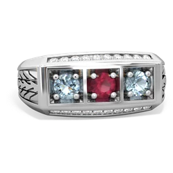 Ruby Three Stone Tire Tread Men's 14K White Gold ring R0520